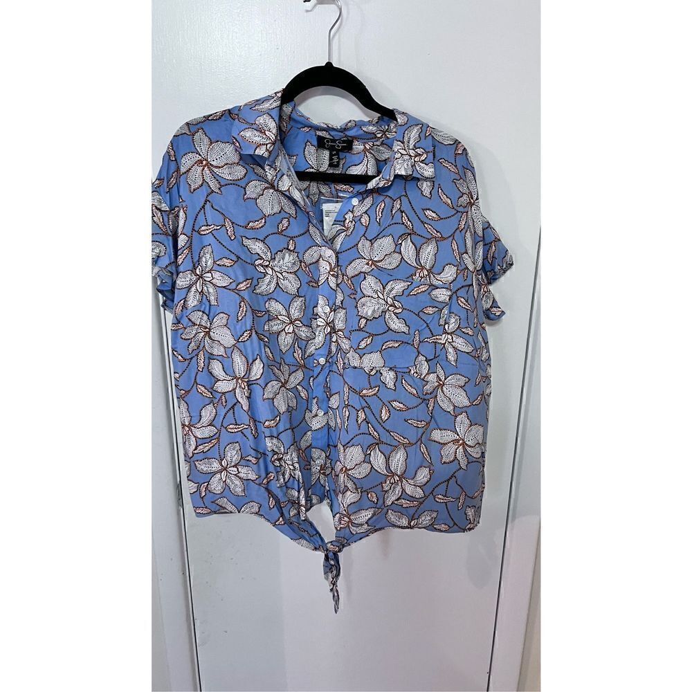 JESSICA SIMPSON SHORT SLEEVE BUTTON DOWN BLUE FLORAL BLOUSE WOMENS SIZE 1XL NEW
